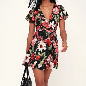 Lulus Dream Come True Black Floral Print Wrap Dress